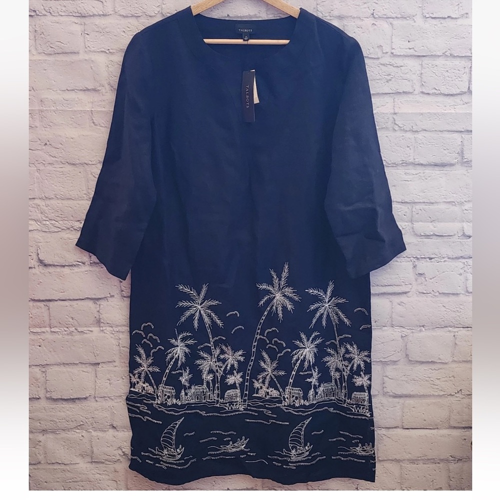 Talbots Sz Sm. Blue At The Beach Linen Palm Tree Embroidered Dress